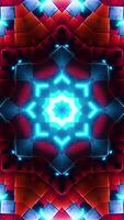 Red and blue circular object with blue lights around it. Kaleidoscope VJ loop Vertical video