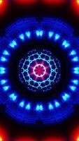 Circular pattern with neon lights in the middle of it. Kaleidoscope VJ loop Vertical video