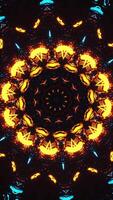 Colorful pattern with black background and yellow center. Kaleidoscope VJ loop Vertical video