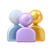 Three glossy stylized people icons in blue purple and gold on transparent background png