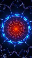 Blue and red circular pattern with bright light. Kaleidoscope VJ loop Vertical video