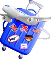 3D Suitcase with Airplane and Travel Stickers png