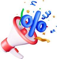 3D Megaphone with Percent Symbol and Confetti png