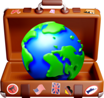 3D Globe Inside an Open Suitcase with Stickers png