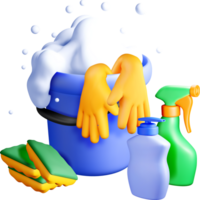 3D Cleaning Tools with Soapy Bucket and Gloves png