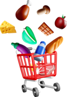 3D Shopping Cart Filled with Various Foods png
