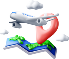 3D Airplane with Route Marker and Clouds png