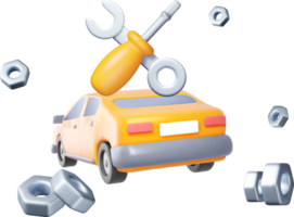 3D Orange Car with Tools and Nuts Graphic png