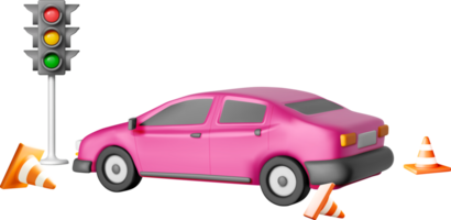 3D Pink Car with Traffic Lights and Cones png