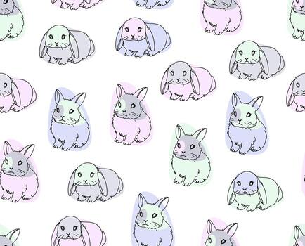 Seamless pattern with cute rabbits in line art style for wrapping paper. vector