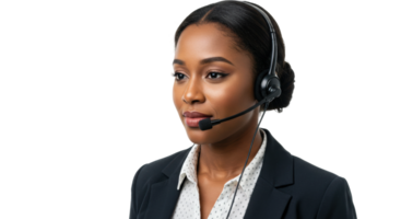 Professional portrait of customer support in a bright office setting with focused communication skills png