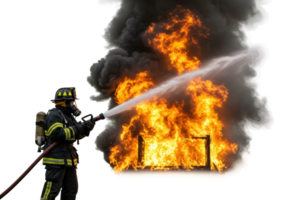 Firefighter battling blaze at residential structure action shot urban environment dramatic viewpoint png