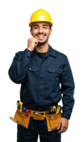 Construction worker smiling in uniform with tools studio setting portrait positive vibes png