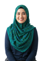 Cultural portrait of a smiling woman in a hijab indoor studio photography bright environment close-up png