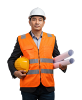 Construction manager holding blueprints and hard hat studio environment professional portrait business focus png