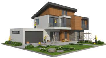 Construction workers building modern house urban area 3d render outdoor aerial view home design png