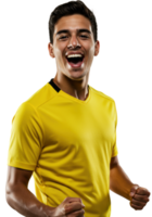 Exciting soccer celebration by a player in yellow jersey studio environment portrait viewpoint png