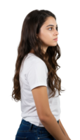 Profile view of young woman studio portrait neutral background side angle self-reflection concept png