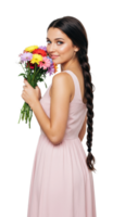 Woman holding colorful flowers studio setting portrait photography bright and cheerful atmosphere png