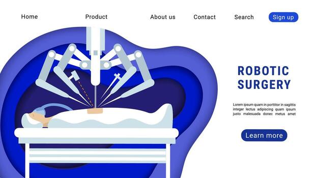 Remote Control Robotic Surgery Flat Illustration. Patient Operated by a Robot Assistant. Virtual future medicine concept. Website Page Design. vector