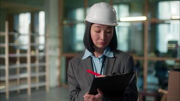 Woman architect checking building plan Asian girl builder writing sign document industrial construction project Chinese Korean Japanese female contractor businesswoman developer engineer inspecting video