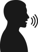 Voice Communication Icon. Black Silhouette of Speaking Person with Sound Wave Lines on Transparent Background vector