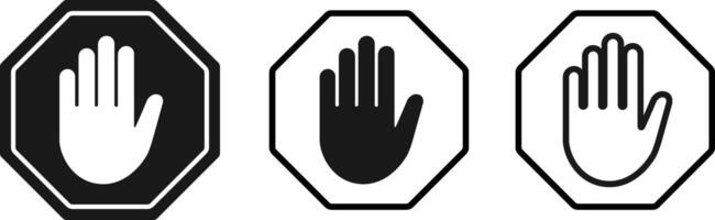 Stop Hand Octagon Icons. Set of Flat Safety Signs with Black and White Hands in Traffic Symbol Style vector