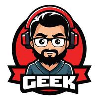 Cartoon Geek Mascot Logo Bearded Man with Headphones and Glasses on Red Background vector