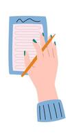 Office supplies flat icon Notebook and hand with pencil vector