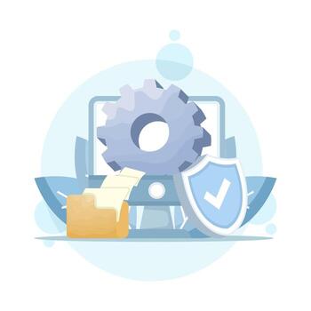 Concept of system security settings, device operating system settings, and file management. Illustration of a PC with gears, a shield, and a folder. Symbol or icon. Minimalist design. Graphic. vector
