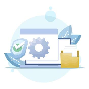 concepto de sistema seguridad ajustes, dispositivo operando sistema mantenimiento, y archivo gestión. ilustración de un ordenador personal con engranajes, un proteger, y un carpeta. símbolo o icono. minimalista diseño. gráfico. vector