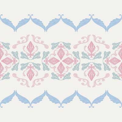 Elegant seamless repeat pattern featuring Thai art motifs in blue and blush pink, perfect for modern fabric projects, premium wrapping designs, modern heritage silk, adorable handcraft, bandana weaves