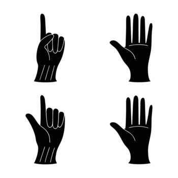 Black and white illustration featuring four hand gestures including a pointing finger and an open palm isolated on a clean white background for versatile vector