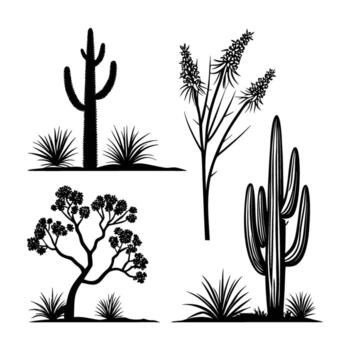silueta ilustración de Desierto plantas presentando cactus yuca y Desierto árbol ideal para del suroeste diseños logos y gráficos disponible en formato para fácil personalización vector