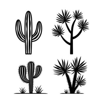 Set of four different black silhouette desert plants including cactus and yucca trees isolated on a white background perfect for southwest themed designs and illustrations vector