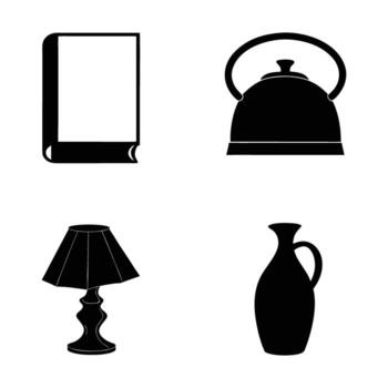 Four Black and White Icons Featuring a Book Teapot Lamp and Vase Representing Home Decor Reading and Relaxation in a Simple and Modern Graphic Style vector