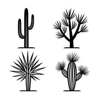 Black and white illustration featuring four different desert plants including a saguaro cactus joshua tree yucca and barrel cactus isolated on a white background vector