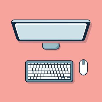 plano ilustración de computadora monitor, teclado y ratón en rosado escritorio antecedentes vector