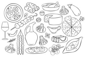 Hand-drawn black and white icons of Georgian national cuisine featuring khinkali dumplings, khachapuri cheese bread, churchkhela and wine set in simple line art style vector