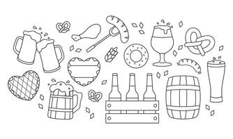 Oktoberfest, large set, traditional drinks and food, beer mugs, snacks, simple white black icons vector