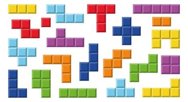 Colorful Geometric Puzzle Blocks Set. Block Blast game style colorful 3D tiles. Tetris Style Shapes Collection, Retro Pixel Game Elements, Classic Arcade Game Concept, Bright Plastic Bricks vector