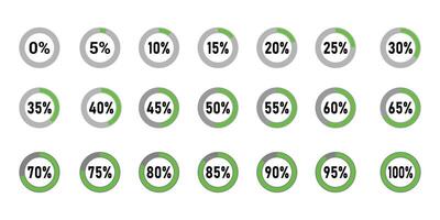 Set of colorful infographic percentage pie charts, Loading circles and progress circles from 0 to 100 percent simple flat design, interface elements app button ui ux web, vector