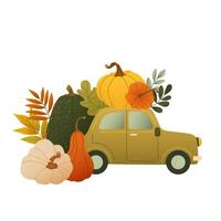 Warm textured of retro car with richly colored pumpkins and golden leaves. Happy Thanksgiving. Autumn harvest season scene Vibrant fall vibe for banner, card, print, decor or seasonal design vector