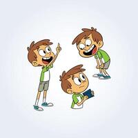 a character illustration of a boy with different facial expressions, wearing grey shorts vector