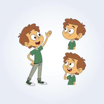 a character illustration of a boy with different facial expressions wearing a light green shirt vector