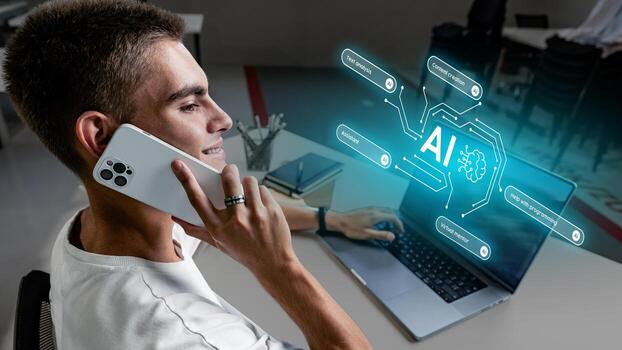 Young man engages in conversation while using AI technology for work in a modern office setting photo