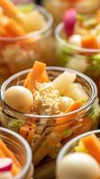 Freshly Pickled Vegetables in Jars, Ready for Preservation. photo