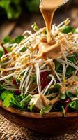 Pouring Creamy Dressing Over Fresh Tofu and Bean Sprout Salad. photo