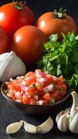 Fresh Pico de Gallo Ingredients and Bowl of Salsa Ready for Serving photo