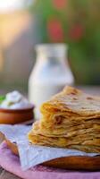 Delicious Layered Flatbread with Creamy Yogurt and Milk. photo